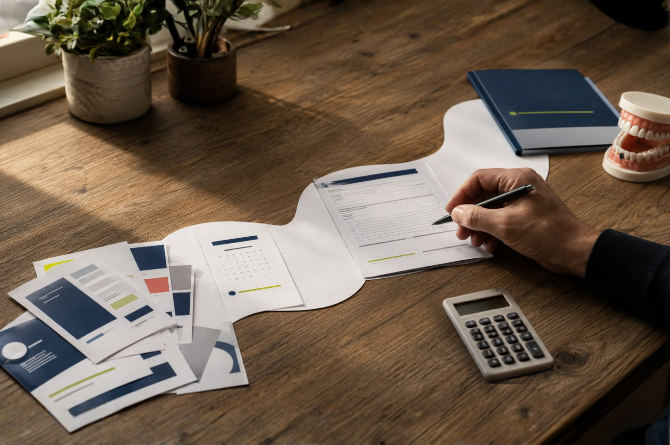 Hand paused over dental financing paperwork and a calculator along a patient journey from competing advertisements to a treatment plan.